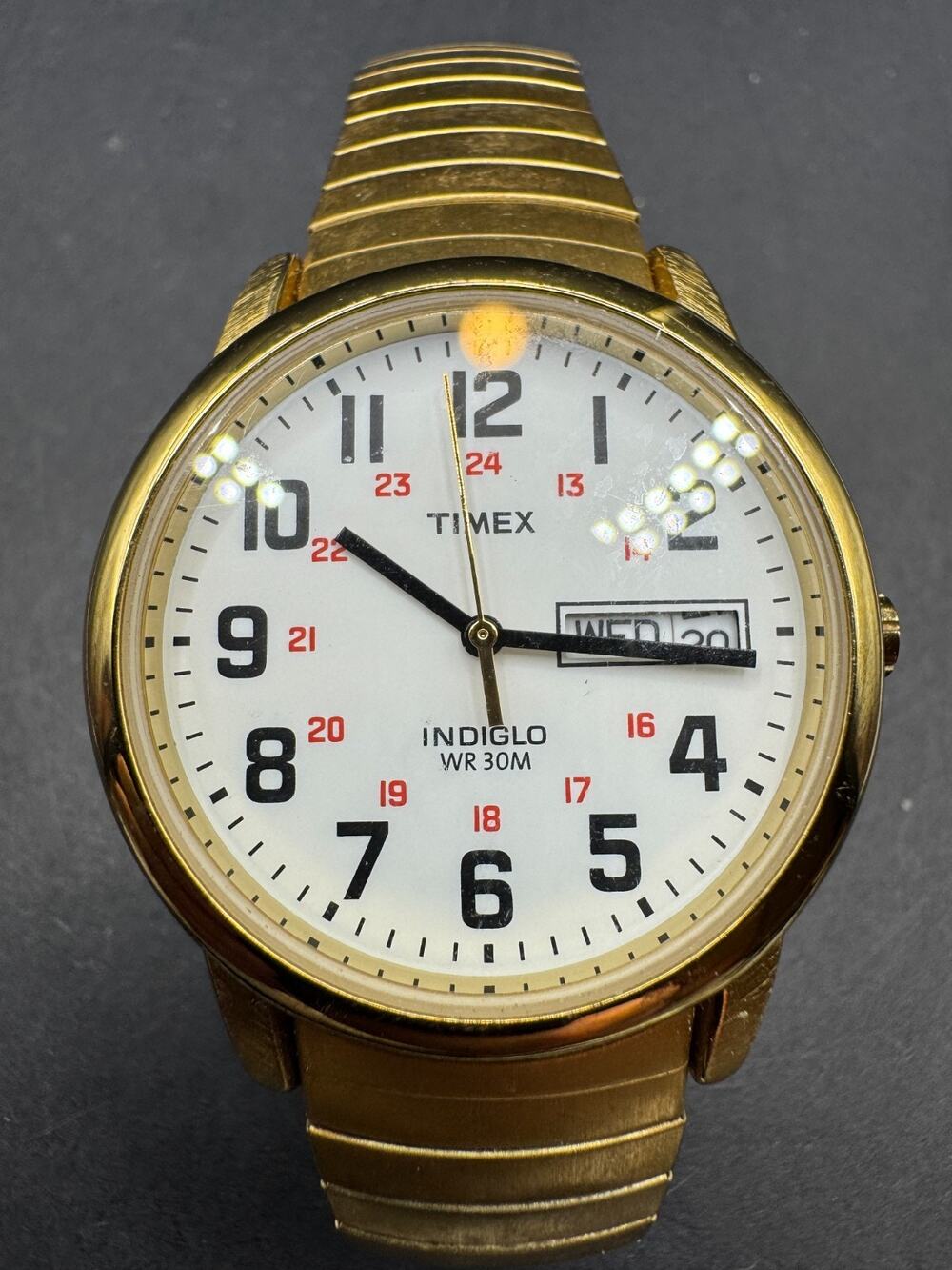 Timex Men's Watch T20471 35mm White Dial Indiglo Gold Tone Expansion Band Works